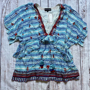Hemant & Nandita Pom Pom Ruffle Tunic Blue Tassel Medium NWT